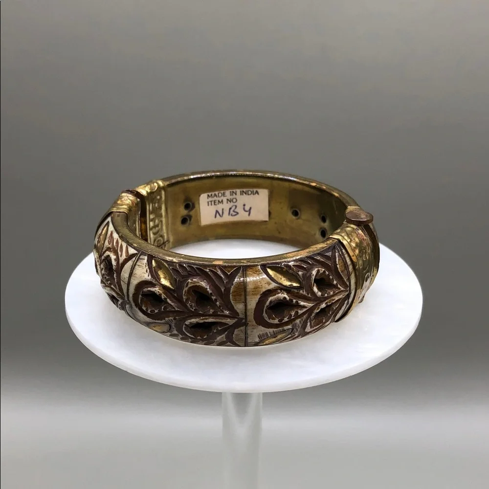 Carved bone hinge bangle bracelet vintage handmade India boho rustic statement.